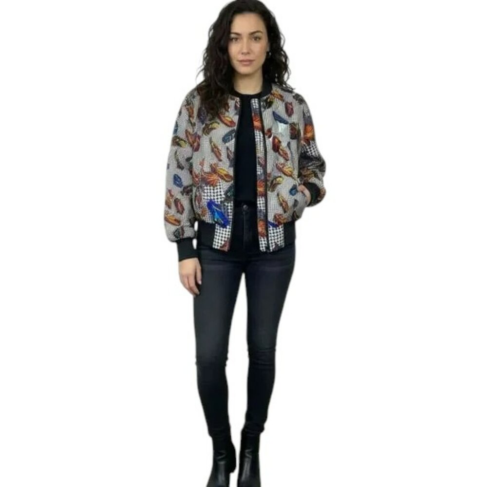 Carol Horn Vintage 100% Silk Feather Print Bomber Jacket M Retro Art to Wear